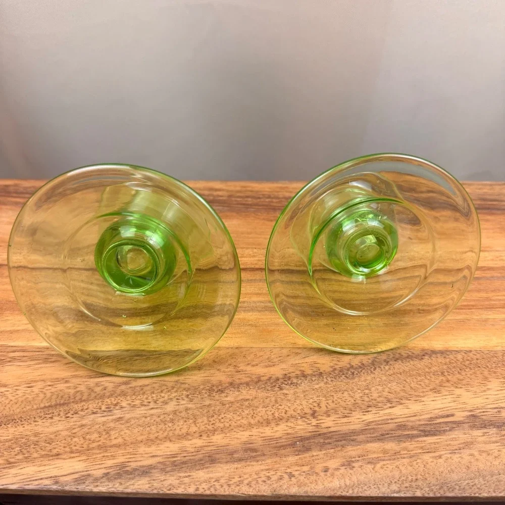 Vintage Uranium Glass Candlestick Holders‎ Green Vaseline Glass Set of 2 Glows